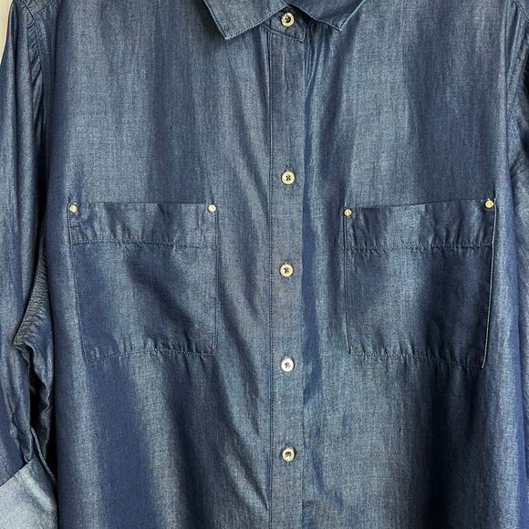 JNY Blue Chambray Long-sleeve Button-down Shirt in Dark Wash Women's 3X - Picture 4 of 10